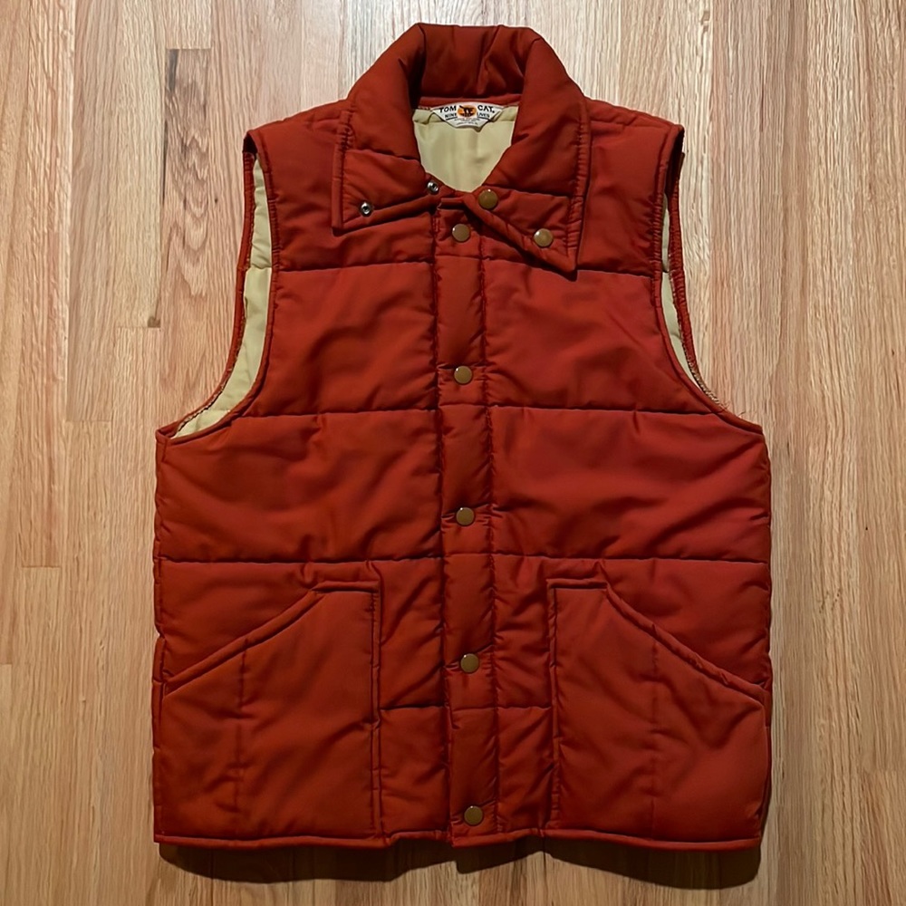 Vintage Tom Cat Vest Rust Orange Puffer Winter Fall Vest 70s 80s Western Snap